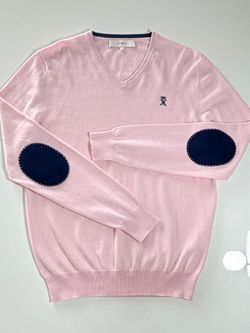 Vicomte Made in France Men's Cashmere Knit Long-Sleeve Pink/Navy V-Neck Embroidered Logo Size M