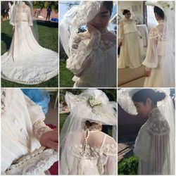 Custom vintage bridal dress /gown classic details.buttons down a semi-sheer back, beading and lace.