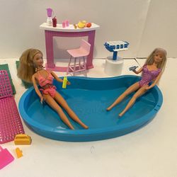 Barbie Pool Set, Smoothie Bar, Accessories, and Two Vintage Dolls