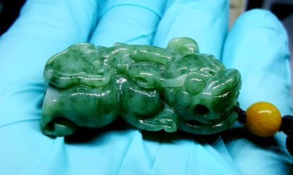 Burmese type A icy jade Jadeite pendant Pixiu 2. Certified.
