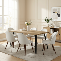 Homy Casa LANCELOT+HAVEN 7PC Dining Set 63” Walnut Dining Table with 6 Haven Beige Fabric Dining Chairs Open Box