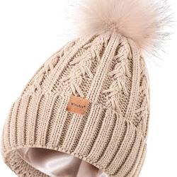 Satin Lined Beanie for Women with Pom Pom, Fashionable Womens Winter Hats Silk Beanies, Cute Warm Knit Hat Skull Cap ( please follow my page all brand