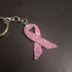 Pink Rhinestone Ribbon Keychain On Silvertone Basr - Breast Cancer Awareness