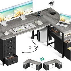 L Shaped Computer Desk with 6 Drawers & Power Outlet, 55 Inch Corner Desk with Reversible Storage Shelf & File Drawer, Home Office Desk, Grey Oak