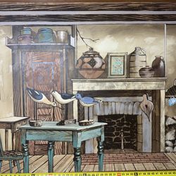 🎨 Large Rustic Folk Art Painting – P. Smith – Vintage Country Interior Scene – 36x48”