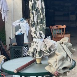 Round Glass Patio Table + 2 Umbrella Canopies  Like New