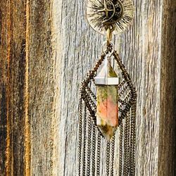 Unakite Crystal Necklace. Czech Glass Beads.  Adjustable-Can be worn as a choker or any length. Large Silver bead adjusts the size. Adorned with uniqu