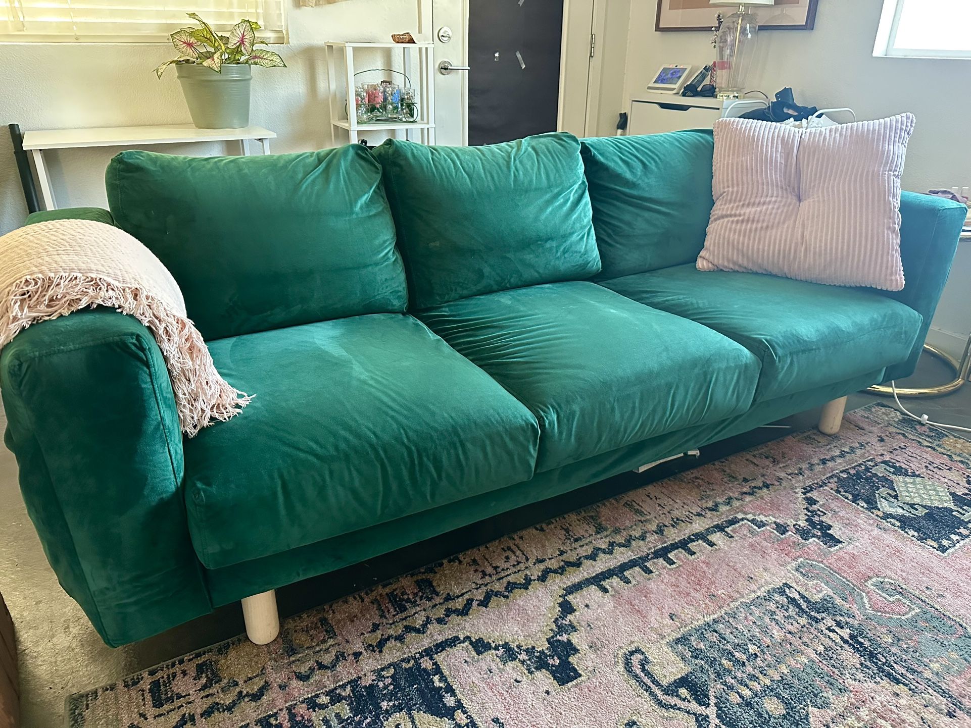 Midcentury Modern Green Velvet Couch