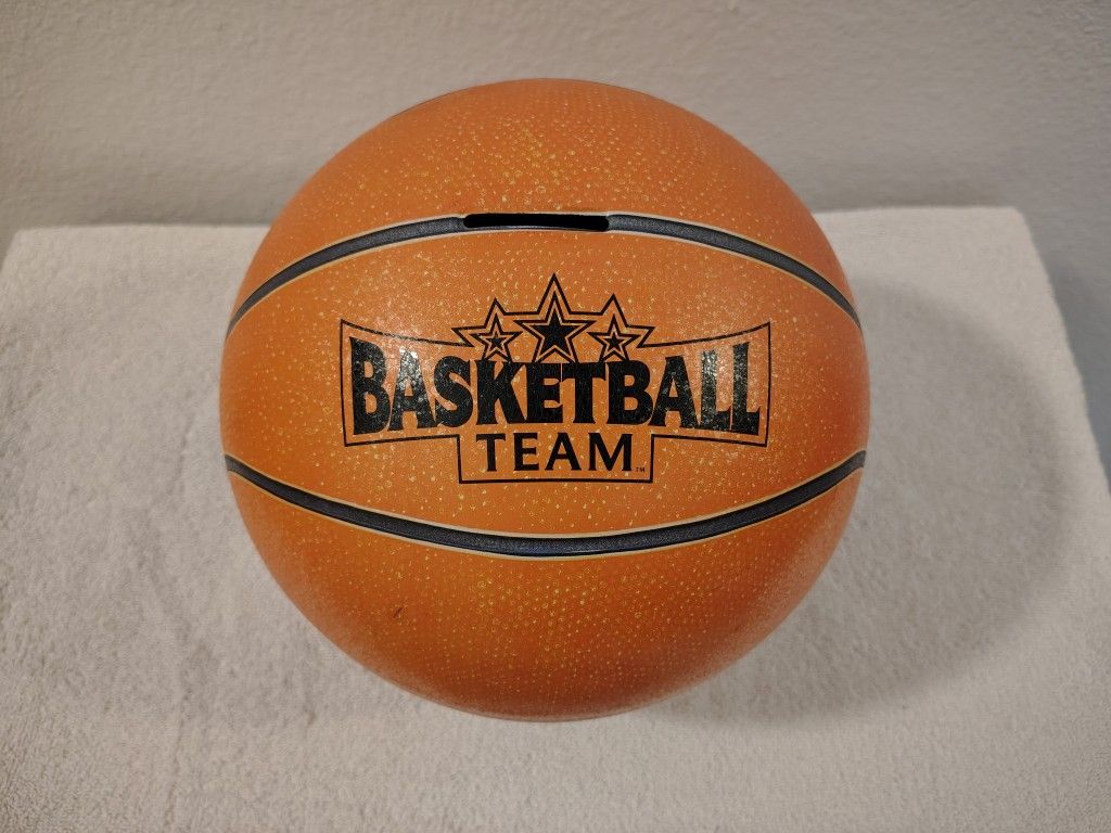 Vintage Basketball Team Bank, made of tin metal, court action scene inside