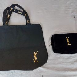 New YSL Gold Logo Tote And Makeup Pouch 2 Pieces