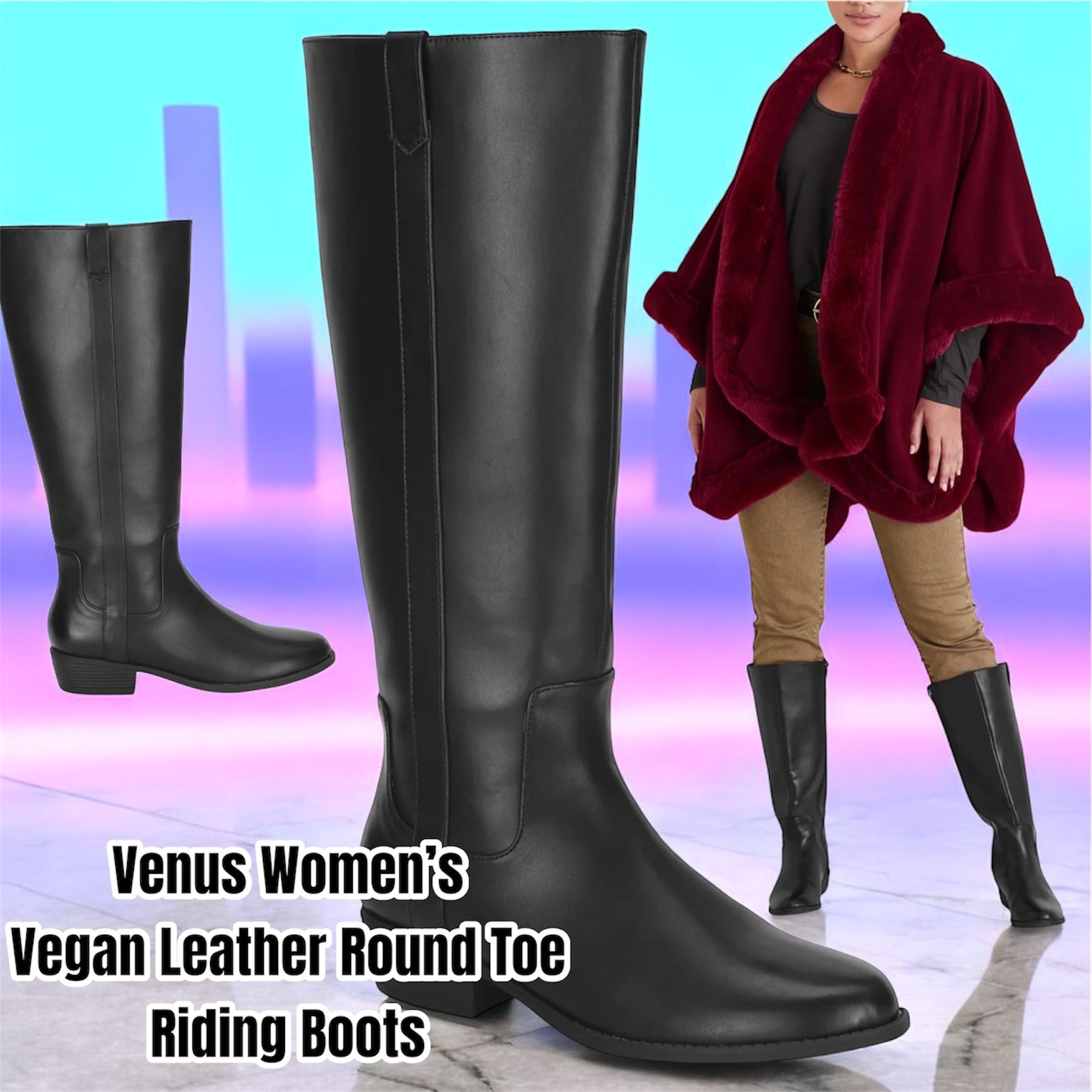 Venus Women’s Vegan Leather Round Toe Riding Boots, (Black) Size 7.5 New in Box  Always look put-together in these comfortable tall boots with a class