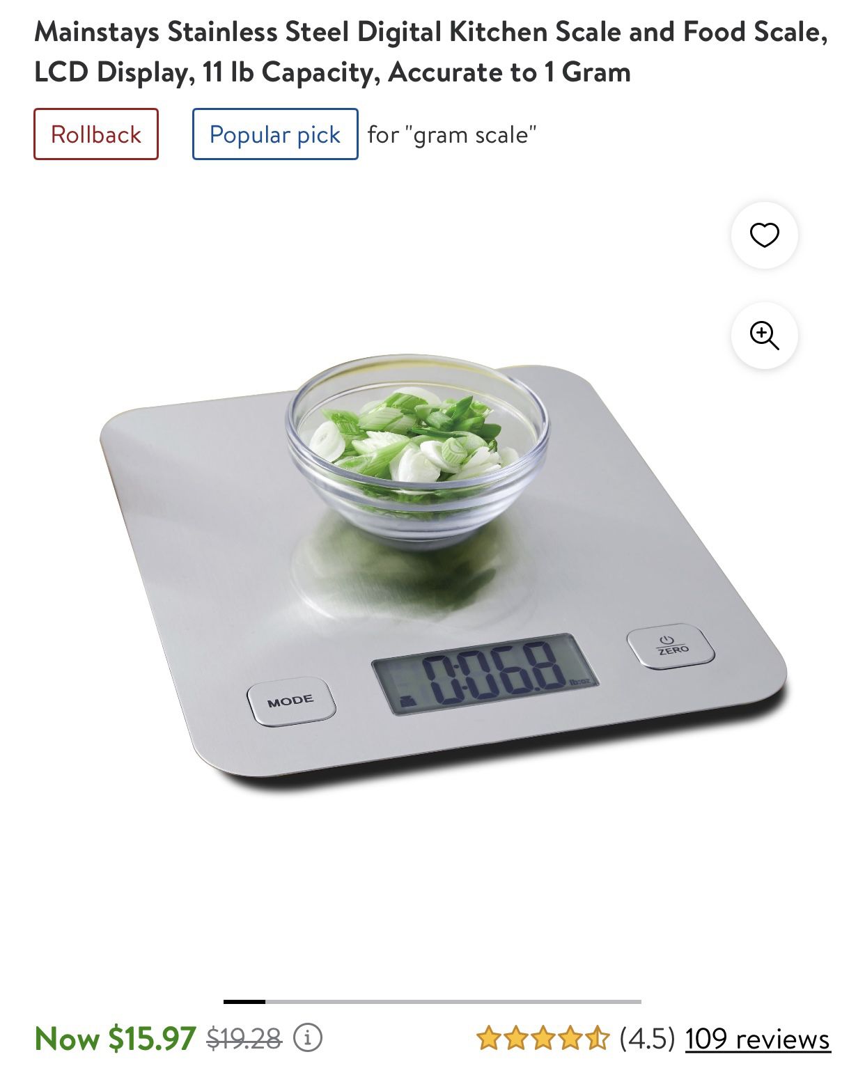 Mainstays Stainless Steel Digital Kitchen Scale and Food Scale, LCD Display, 11 lb Capacity, Accurate to 1 Gram