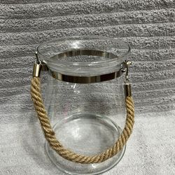 Round Glass Candle Holder Lantern With Rope Handle, 8” 