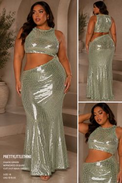 ✨ PrettyLittleThing Shade Green Mirrored Sequin Side Cut-Out Maxi Dress – Size 18