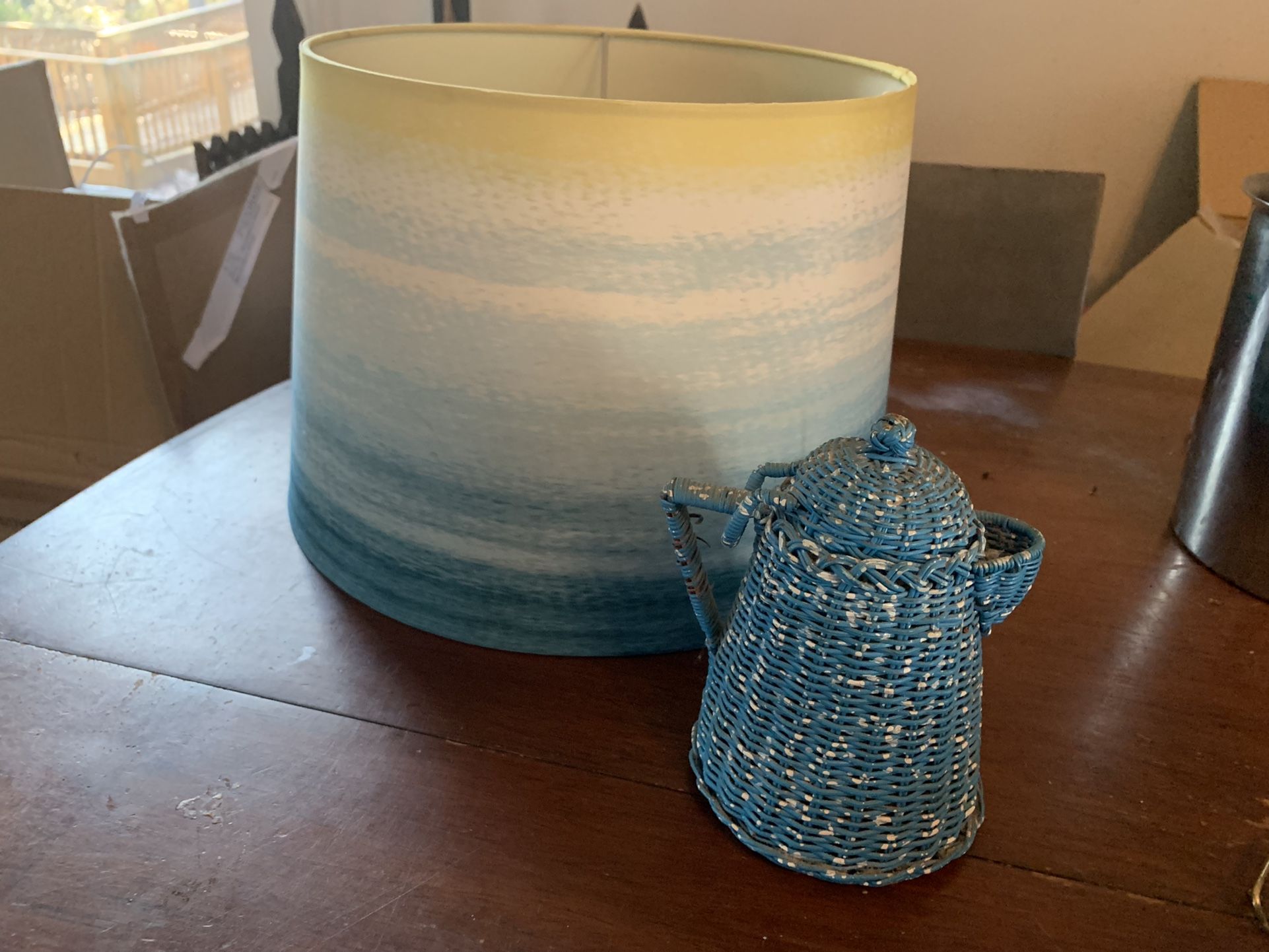 Faux Watercolor abstract Lamp shade & Vintage Rattan Kettle