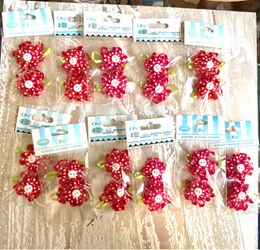 New Offray Polka Dot Fabric Flowers White Button Center Lime Green Ribbon accents Hair Clips Sewing Embellishments -11 packs with 2 in each is 22 piec