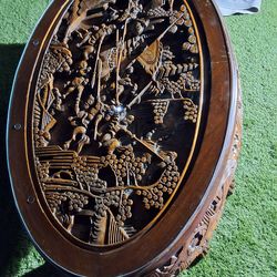 Asian vintage hand Carved wood coffee table set with glass top