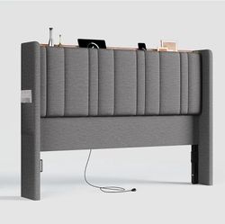 Queen Size Headboard with Storage, LED Light, Grey Linen Vertical Wingback Headboard w/ Charging Station, Upholstered Head Board w/ High-Density Foam 