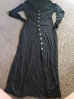 Black Ribbed Button-Front Maxi Dress