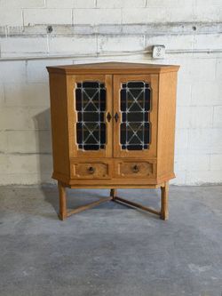 Vintage Danish Oak Corner Cabinet by Henning Kjærnulf Leaded Glass Bar Cabinet
