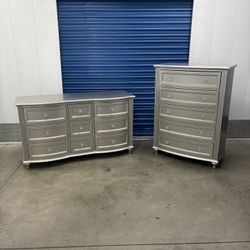 1 Dressers  , 1 Chest And A Pair Of Twin  Bed Frames( Silver , Solid Wood) 