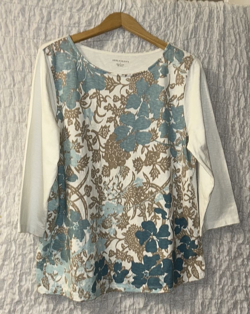 Appleseed’s Floral Top, 3/4 Length Sleeves, Cotton, Size: Large