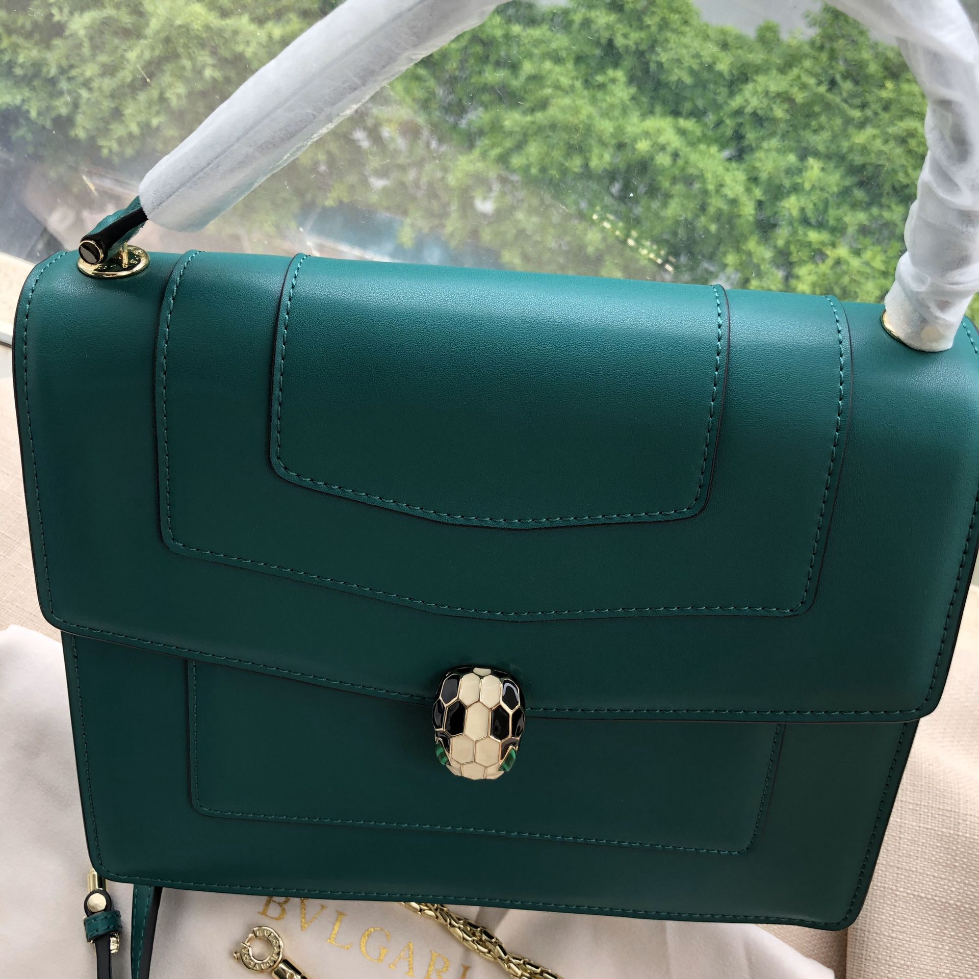 Authentic Bvlgari Bag Serpenti Forever Leather Green Women's Handbag