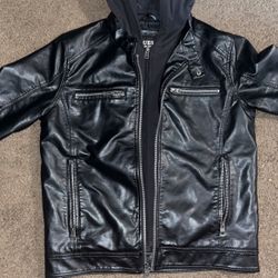 Guess Leather Jacket Detachable Hoodie