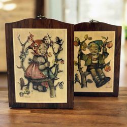 Vintage M.I. Hummel Apple Tree Boy & Girl 7.25” Wood Wall Plaques Set of 2
