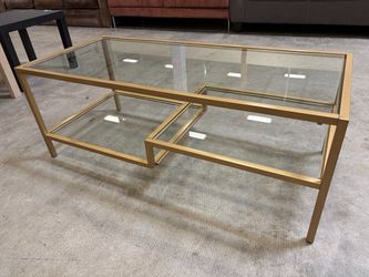 Modern 3 Tier Glass Top Coffee Table with Asymmetrical Gold Tone Metal Frame