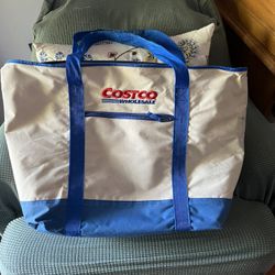 Costco Wholesale Reusable Logo-Pattern Shopping Tote Bag Zip Top White/Blue