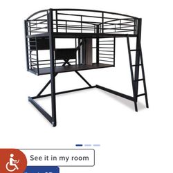 Black Metal Loft Bed with Desk & Shelves - Great for Small Spaces!