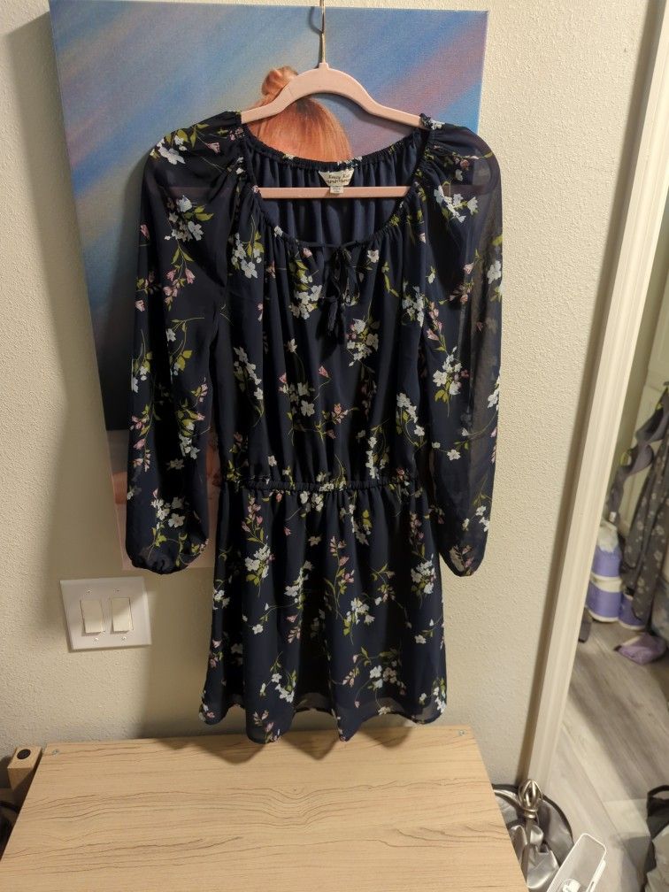 Flowered  Knee Length Dress - Medium Sheer Fabric With Lining - Navy Blue With soft Flower Pattern
