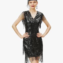 1920s Flapper Dress Long Fringed Gatsby Roaring 20s Sequins Beaded Vintage Art Deco 