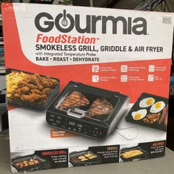 Gourmia 5-in-1 FoodStation™ Smokeless Grill & Air Fryer with Integrated Temperature Probe, 5 One-Touch Cooking Functions, and Extra-Large Nonstick Coo