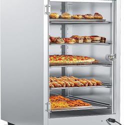 133Qt 5-Tier 900W Commercial Food Warmer w/ 304 Blued Stainless Steel Heating Element, Single-Tempered Glass Door, Adjustable Shelf, Electr
