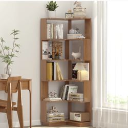 64"H 6 Tier Freestanding Corner Bookshelf, Open Storage Bookcase