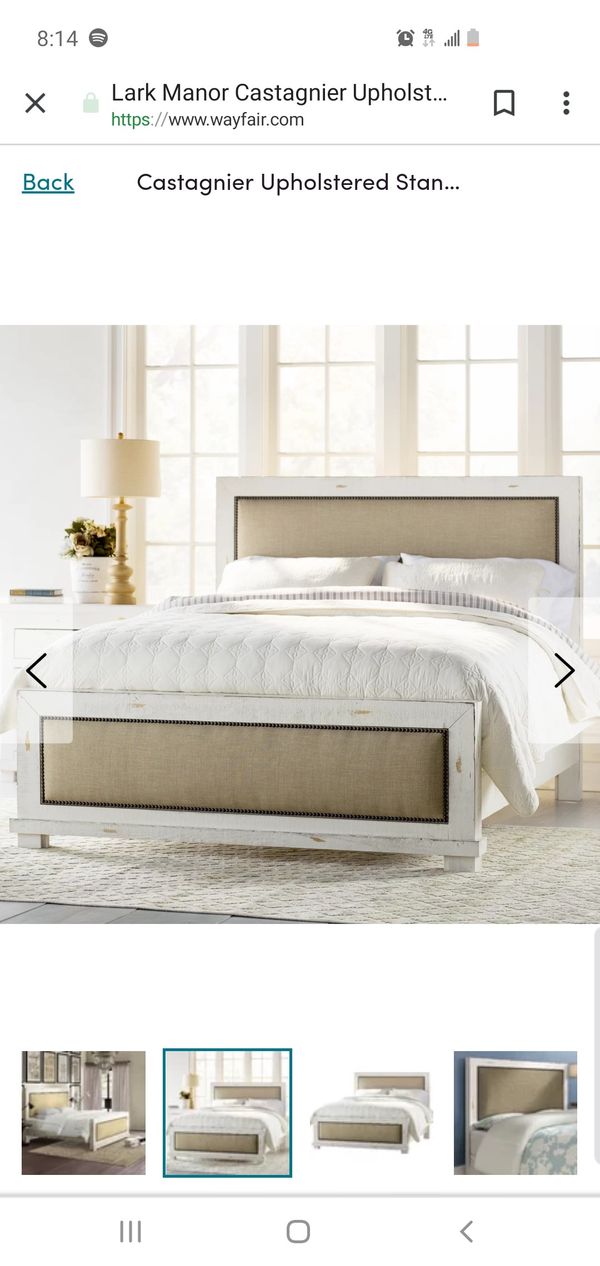 Queen size upholstered beige and white distressed wood bed Queen size upholstered beige and white distressed wood bed