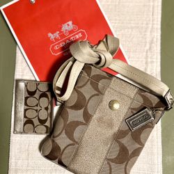 Coach Signature Jacquard Gold Crossbody Bag & Coach Coin/key Purse 