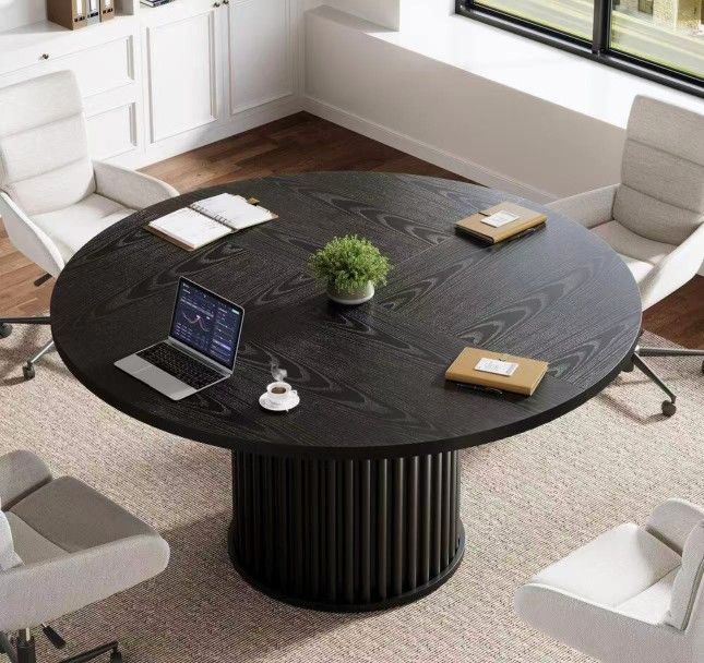 F2187 47 in. Round Black Wood Computer Desk Conference Table with Sturdy Metal Base for 4-6 People Conference Room