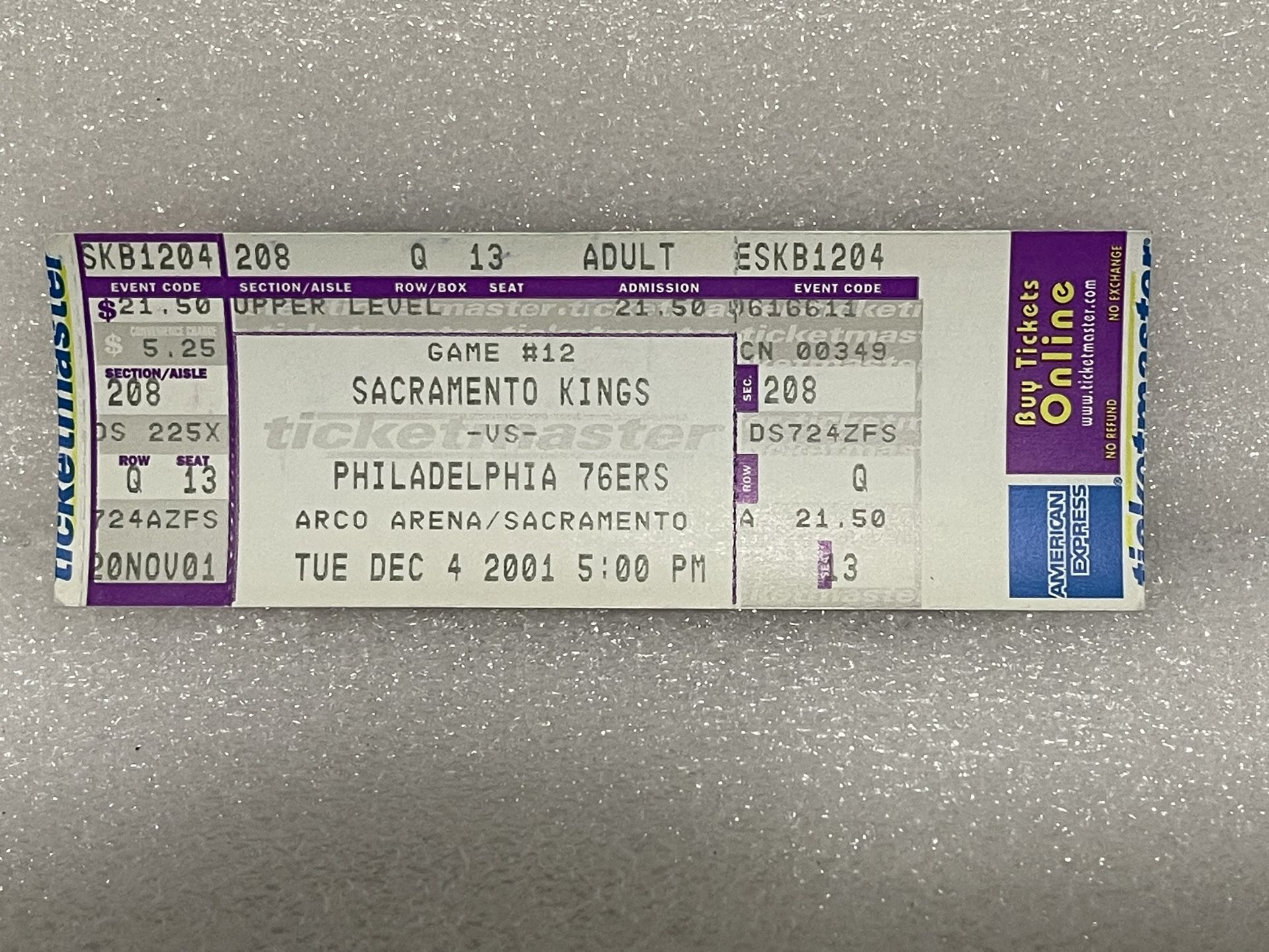 Sacramento Kings vs. Philadelphia 76ERS Unused Basketball Game Ticket 2001