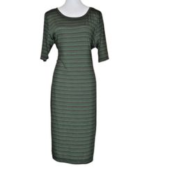 LulaRoe Simply Comfortable Olive Green Purple Striped 3/4 Sleeve Midi Dress