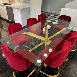 Set of 8 Red Velvet Chairs and Large Glass and Brass Table