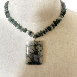 Sterling Silver Moss Agate Pendant Necklace 