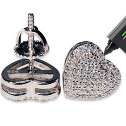 Moissanite Stud 10.5MM Heart Earrings Italy 925 Sterling Silver 14K White Gold 5X Layered, Passes Diamond Tester