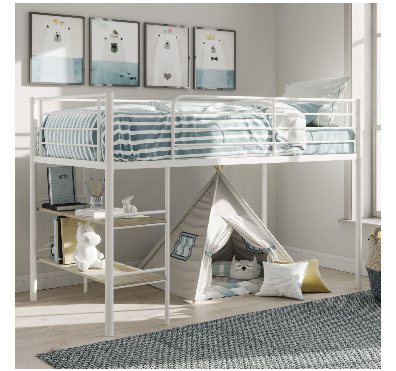 Your Zone Beckett Kids Metal Twin Loft Bed with Open Book Shelf, White