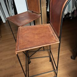 Two Leather And Metal Barstools