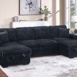 Black Corduroy Sectional Sleeper With Storage 