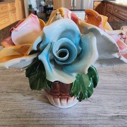 Authentic Handmade Italian Capodimonte Multicolor Roses in Basket
