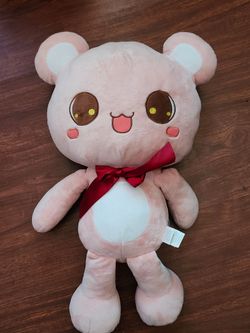 Kawaii Japanese Pink Bear Plush with Red Bow